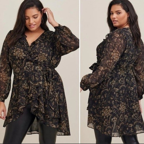 Torrid Chiffon Layered Tie Front Surplice Tunic Blouse Black & Gold Ruffle Sz 3X - Picture 1 of 6